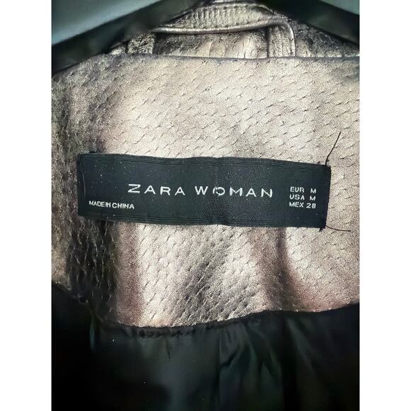 Zara Metallic Silver Leather Women's Biker Jacket-SzM - Picture 6 of 10